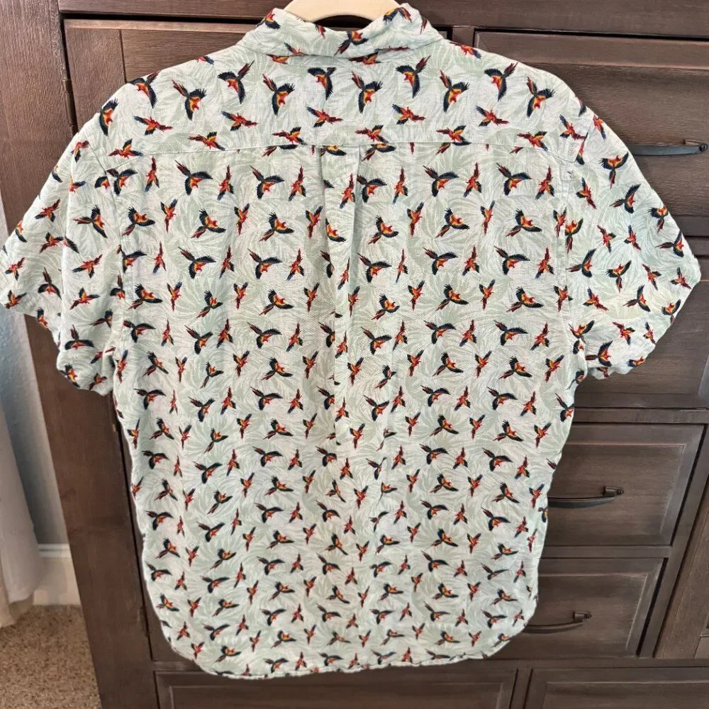 J.Crew 100% Linen Parrot Print Short Sleeve Button Down Shirt Men’s M Tropical